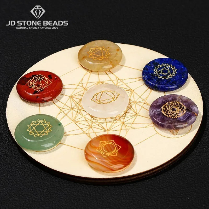 Healing Stone 7 Chakra Carved Reiki Symbol Crystal Set Flat Round Bead With Seven Star Array Wood Plate For Meditation Balancing