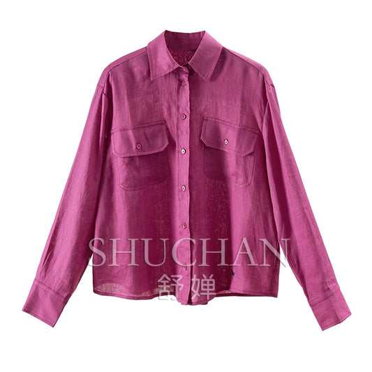 100% Linen Long-sleeved Shirt Women Long Sleeve Top Womens Shirts Luxury  Blouses for Women Fashion 2024