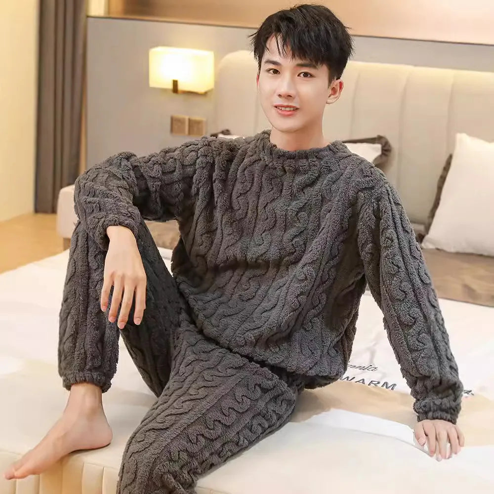 Coral Fleece Pajamas Men's Fall and Winter Thickened Padded Homewear Suit Warm Ladies Teen Facecloth Pajamas Homewear Suit