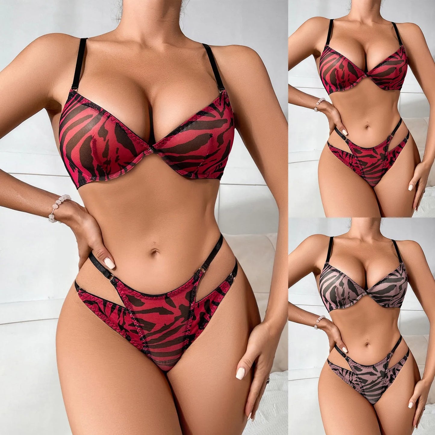 Women's Sexy Lingerie European And American Style Comfortable Push Up Padded Bra Double Lace Up Print Hollow Triangle Panty
