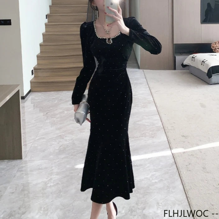 New Year Retro Vintage French Design Dresses Women Elegant Annual Meeting Hollow Out Black Bling Bead Party Long Fishtail Dress