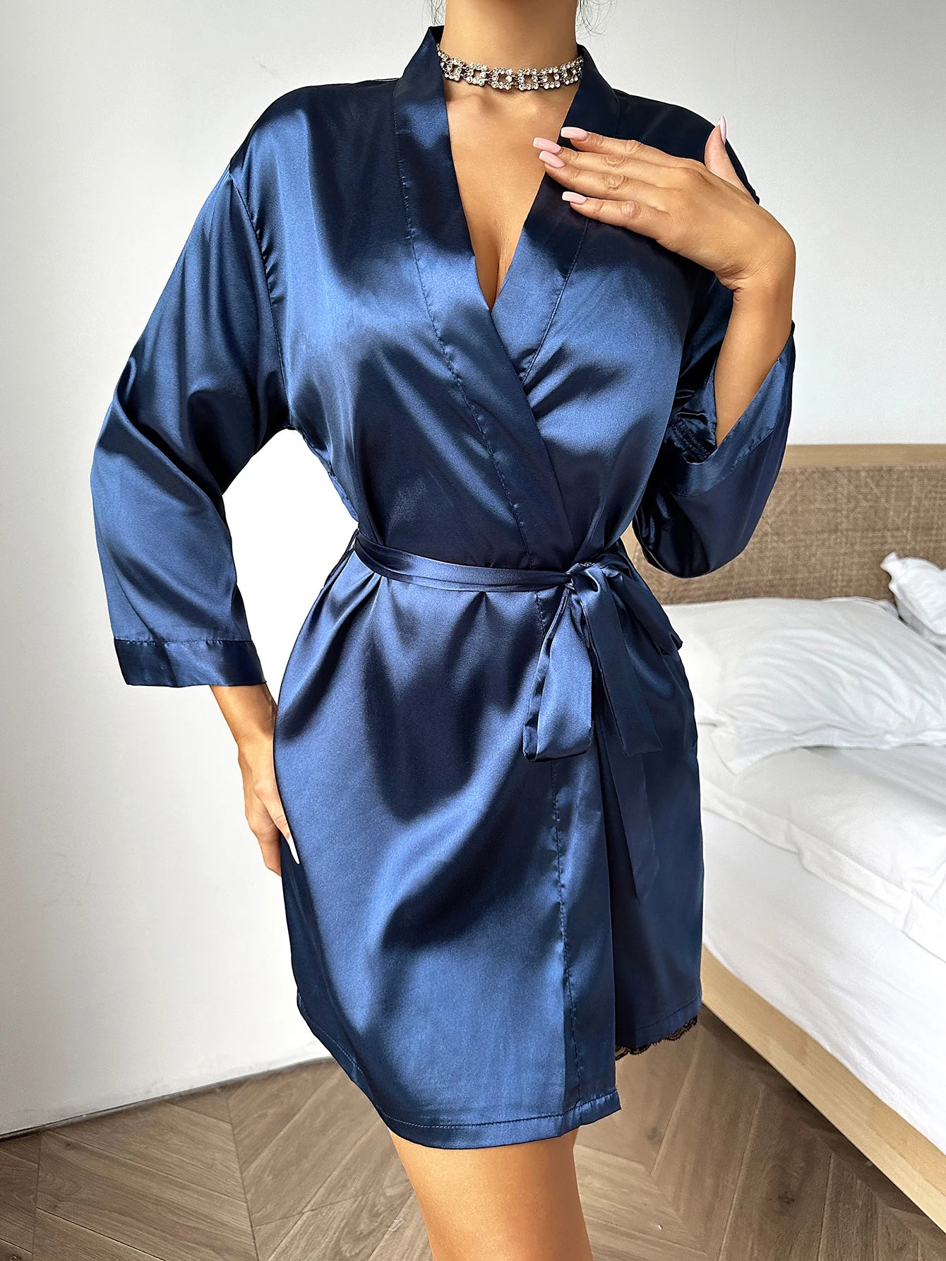 Summer Satin Ladies Nightgown Solid color lace-up Robe Sexy comfortable women's pajamas Loungewear