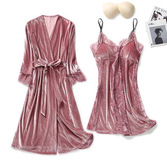 Autumn Winter Velvet Twinset Robe Set Women Sleepwear Sexy Patchwork Lace Nightgown Kimono Bathrobe Gown Loose Velour Home Dress