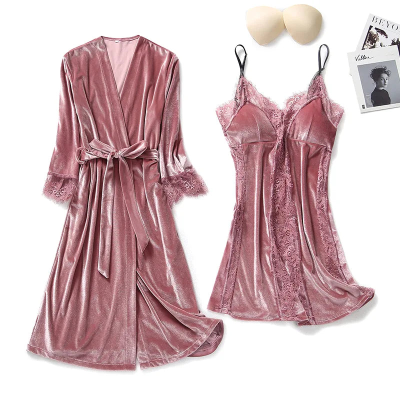 Autumn Winter Velvet Twinset Robe Set Women Sleepwear Sexy Patchwork Lace Nightgown Kimono Bathrobe Gown Loose Velour Home Dress
