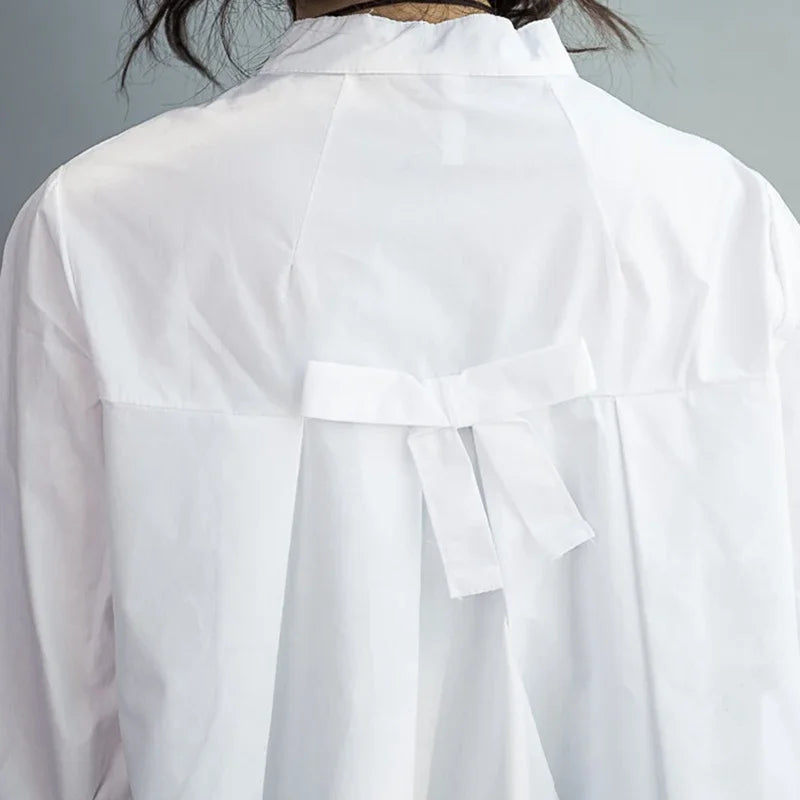 Summer 100% Cotton Women White Shirts Fashion Long-sleeve Large Loose Blouse Bow Fashion Lady Clothing 0.24KG