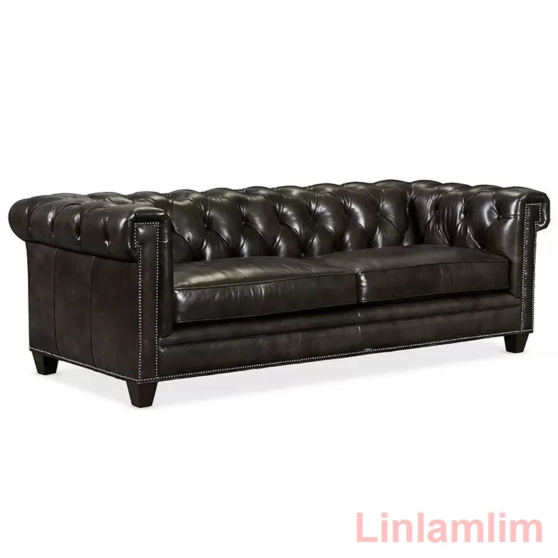 MANBAS Chesterfield Sofa | Top Graded Genuine Leather Sectional Living Room Sofa American Style Oil Wax Leather 3-Seater Couch