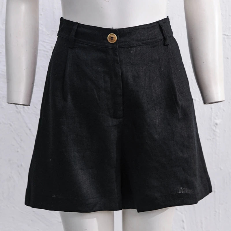 2024 Summer 100% Linen Women'S Shorts Casual High Waist Wide Leg Button Up Elegant Ol Short Pants Femme