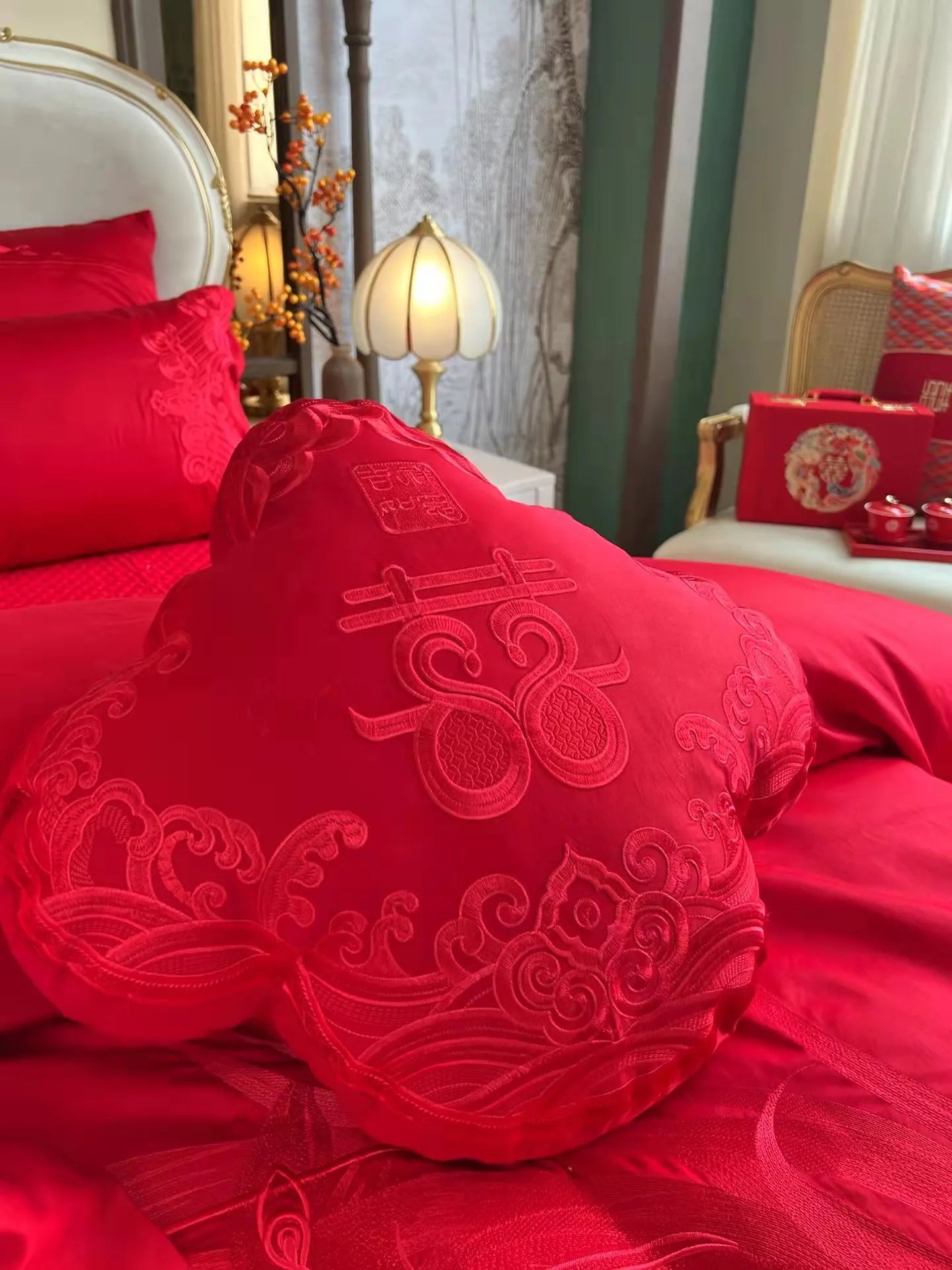 160 Thread Count Long Staple Cotton Embroidered Wedding Four Piece Set of Joyful Red Wedding Bedding Products