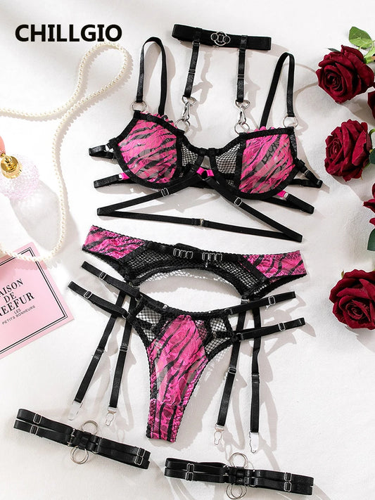 CHILLGIO Women Print Mesh Bra Brief Suits Fashion Sheer Erotic Intimate Lingerie Casual Ins Vintage Sexy Push Up Underwear Sets