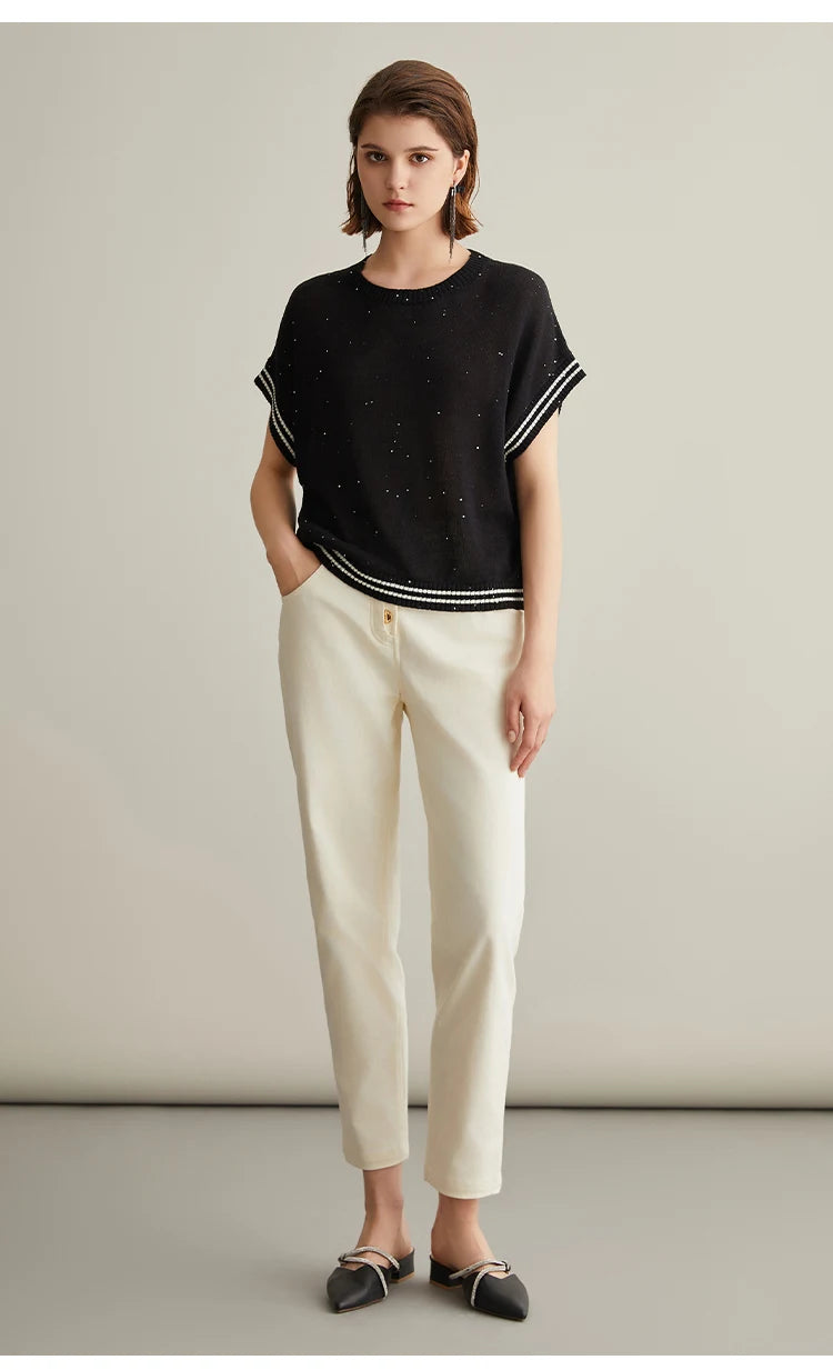 BC656 Western Style Luxury Brand Women's Clothing Summer Sequin Ladies Knitted Pullover 100% Linen Sweaters For Women