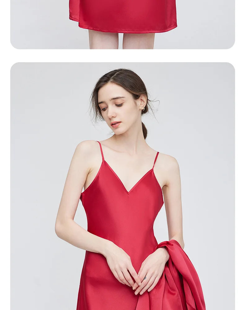 Birdtree 19MM 100%Real Silk Sleeping Robe Sling Dress, Sexy Elegant Women Fashion Night-robe Sets, V Neck Sleepwear S43918QM