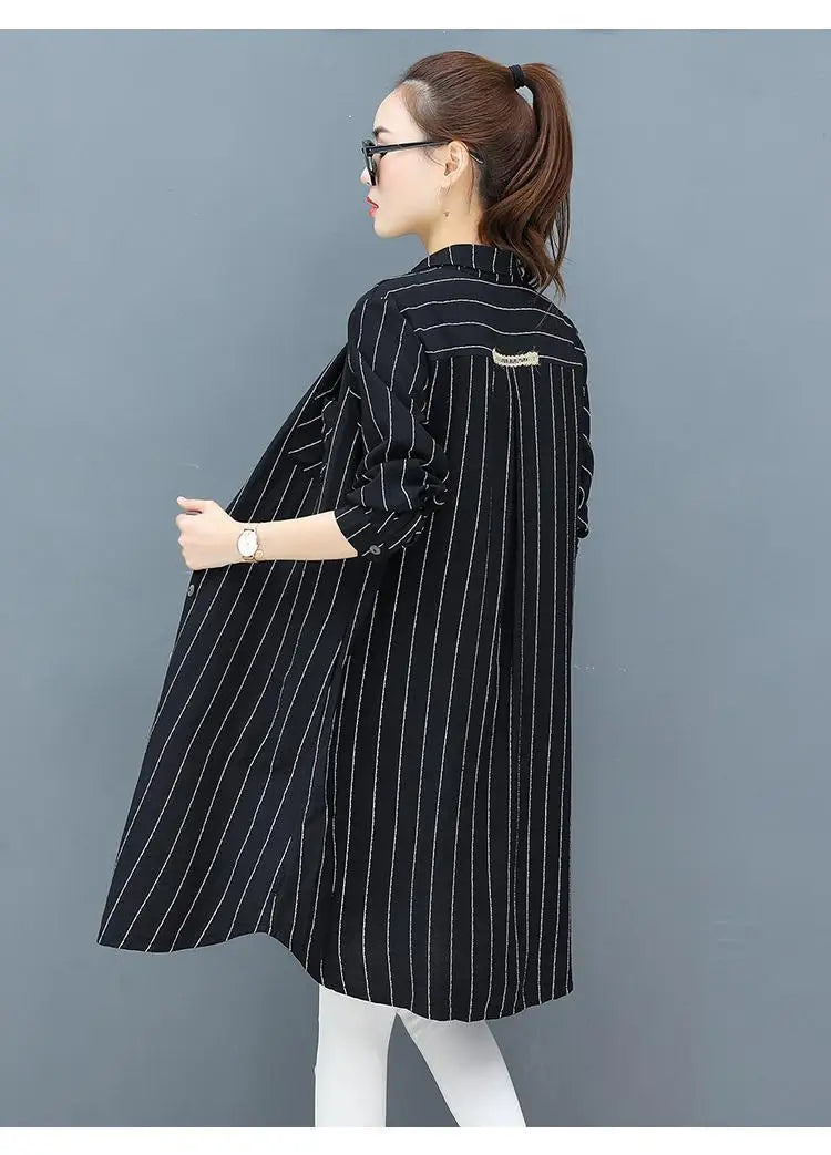 Casual Korean Midi Striped Print Shirt for Female Turn-down Collar Single-breasted Fashion Long Sleeve Blouse Women's Clothing