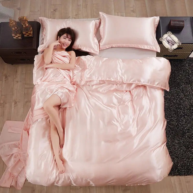 Nordic Silk Bedding Set with Duvet Cover Bed Sheet Pillowcase Luxury Couple Single Double Summer Home Textile Solid Bedsheet