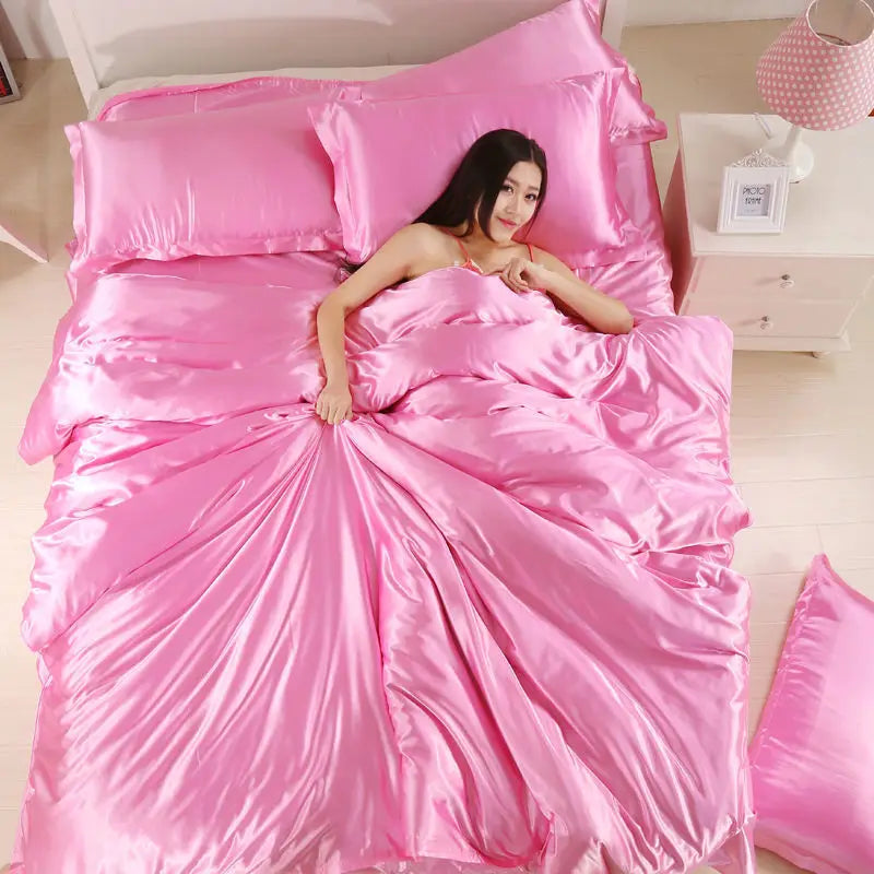 Nordic Silk Bedding Set with Duvet Cover Bed Sheet Pillowcase Luxury Couple Single Double Summer Home Textile Solid Bedsheet