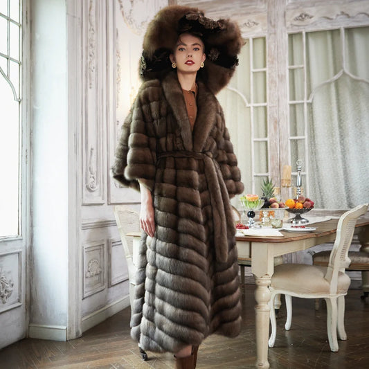 Women's Fur Coat 2223 Trend Natural Fur Long Mink grey strped Outerwear Jackets Trench Coats New In Outdoor Clothes Clothing