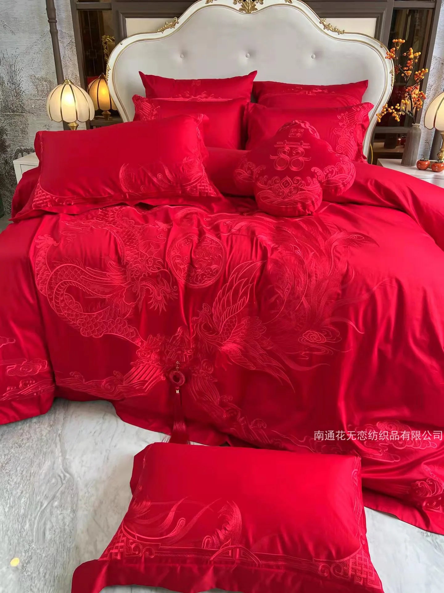 160 Thread Count Long Staple Cotton Embroidered Wedding Four Piece Set of Joyful Red Wedding Bedding Products