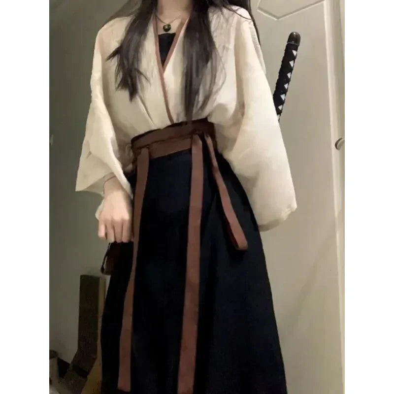 2023 Summer Improved Cotton Linen Hanfu Dress 3pcs Chinese Traditional Women's Clothing Japanese Lace Up Kimono Cosplay Heroine