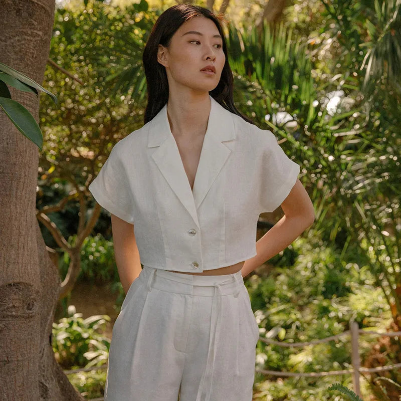 100% Linen Women'S Shirt Vintage Notched Collar Short Sleeve Button Up Shirts Elegant Fashion Woman Blouses 2024 Blusas Feminina