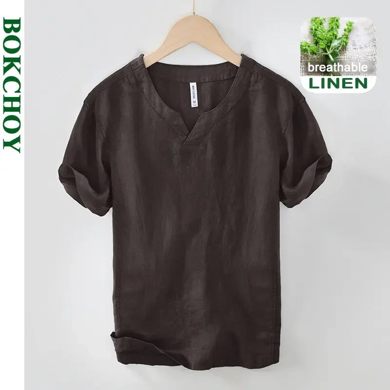 Summer New 100% Linen Short Sleeve T Shirt for Men Casual Thin Solid Color Slim Men Clothing BL998