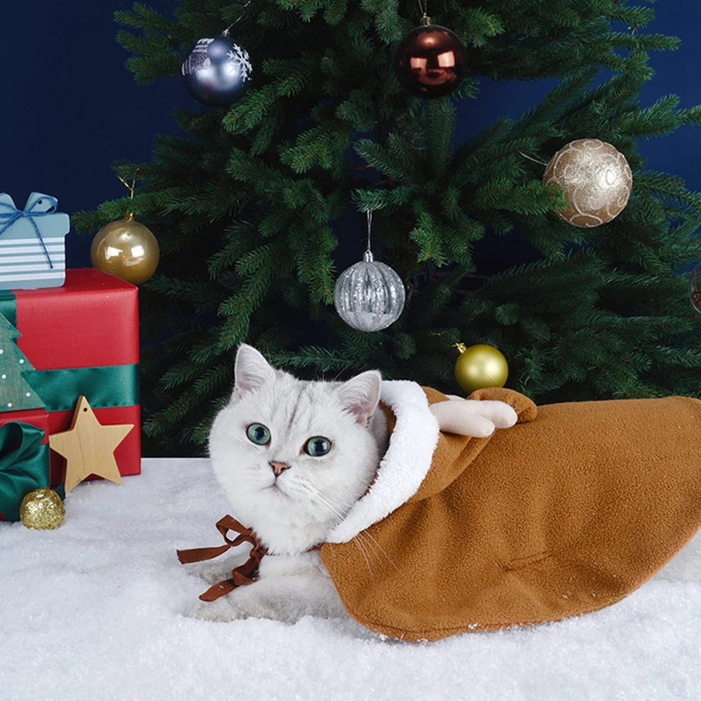 Winter Cat Costume Santa Cosplay Funny Transformed Cat Dog Pet Christmas Cape Dress Up Clothes Red Scarf Cloak Props Decoration