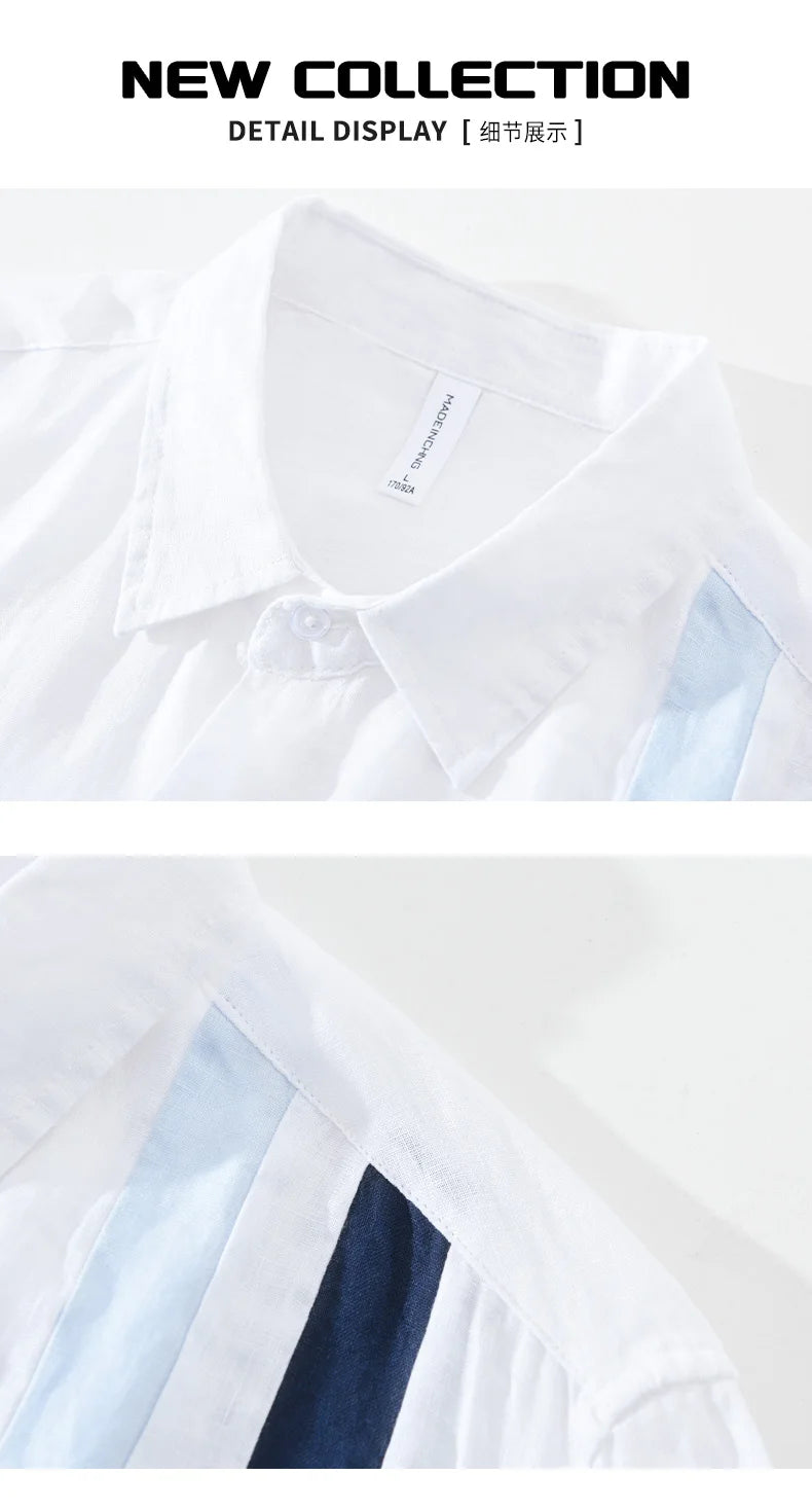 2024 New 100% Linen Long Sleeve Shirt for Men Loose Shirts No Bounce Fashion Striped Patchwork Men's Clothing
