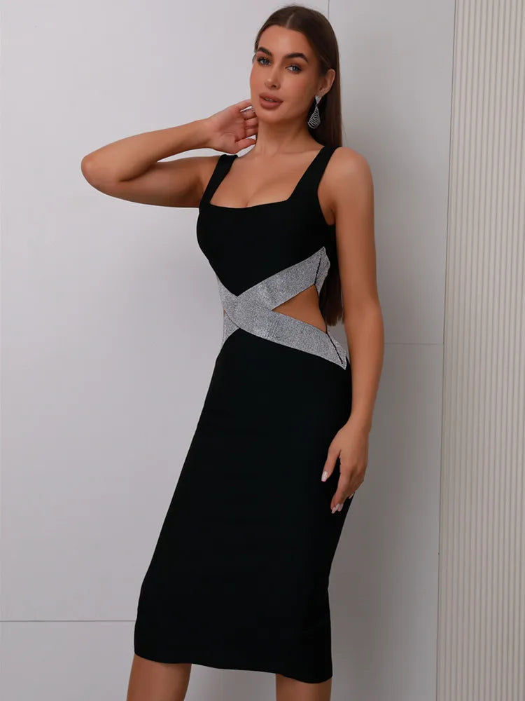 Women Celebrity Sexy V Neck Diamonds Cut Out Black Pink Midi Bodycon Bandage Dress 2024 Knitted Elegant Evening Club Party Dress