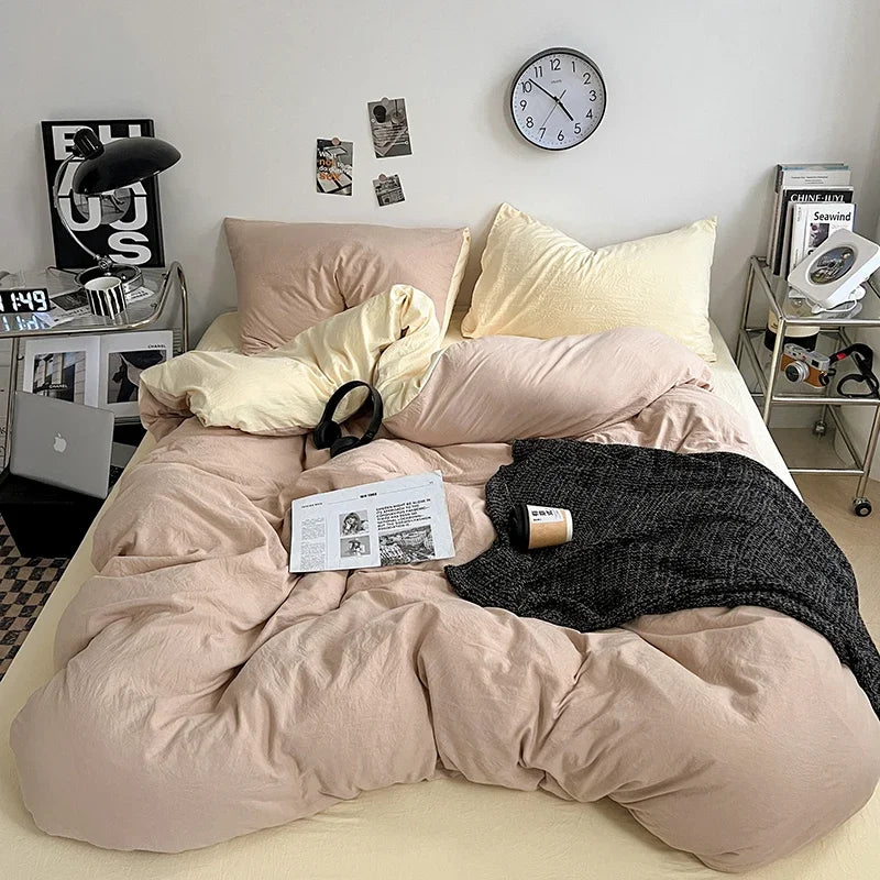 Solid Color Duvet Cover Set 100% Washed Cotton Bedding Set Super Soft Comfortable Lightweight Comforter Cover with 2 Pillowcases