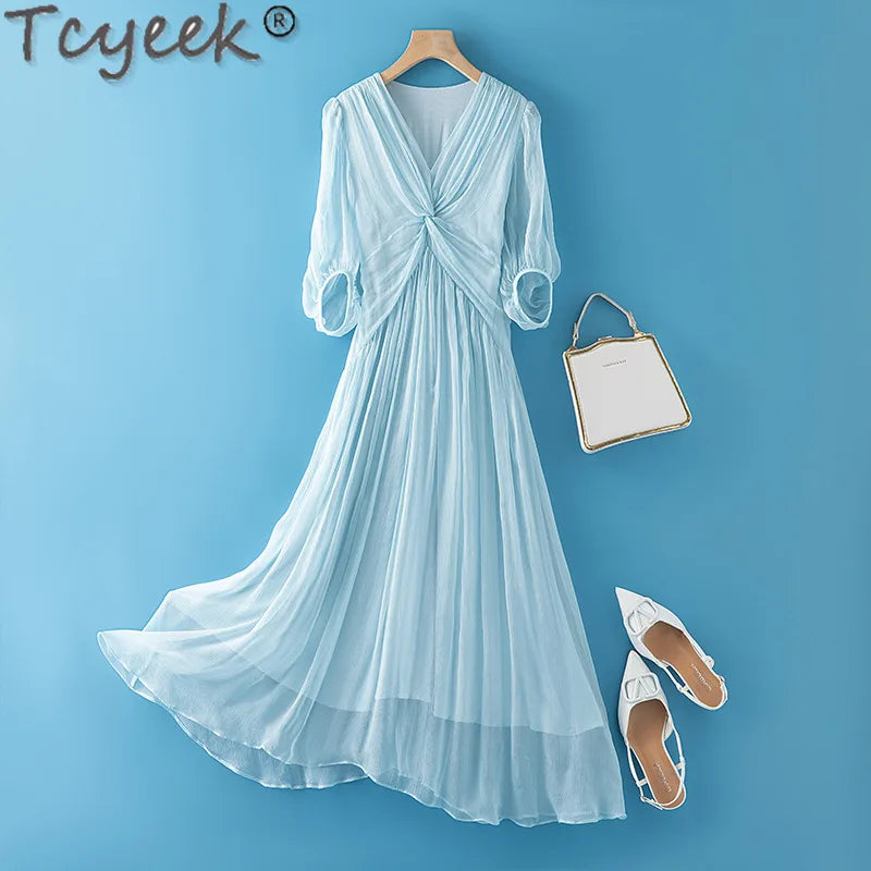 Tcyeek 100% Mulberry Silk Dress Women Clothes Fashion Summer Dresses 2024 Elegant and Pretty Women's Dresses Waist Vestido Mujer