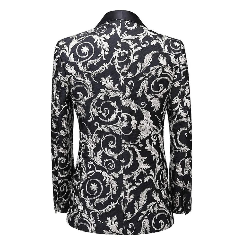 2-Piece Men's Printed Single Row One Button Suit Slim Korean Formal Dress For Groomsmen Wedding Clothing (Blazer+Pants)