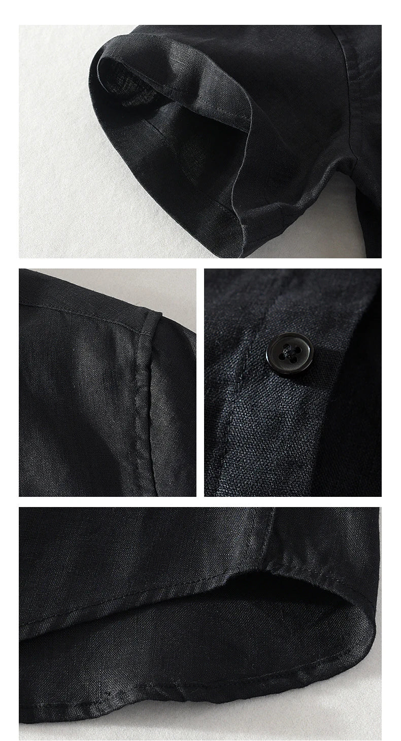 923 100% Linen Men's Summer Fashion Shirt High Quality Solid Color Simple Casual Short Sleeve Blouses Basic Thin Breathable Tops