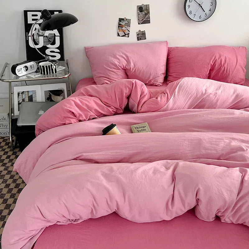 Solid Color Duvet Cover Set 100% Washed Cotton Bedding Set Super Soft Comfortable Lightweight Comforter Cover with 2 Pillowcases