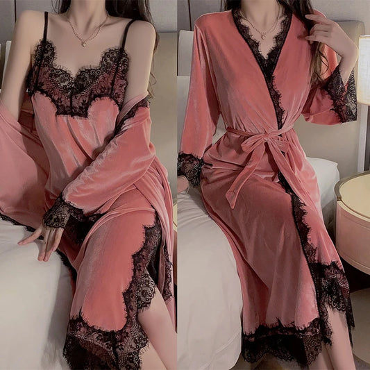 Women Warm Velour Homewear Pink Bathrobe Set Cami Sleepwear Winter Robe Suit Loungewear Sexy Nightgown Long Kimono Robe