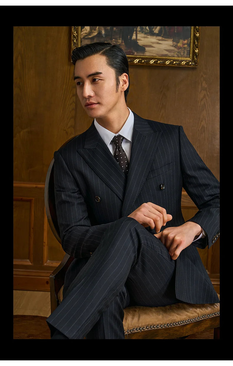 100% Wool Suits For Men Blazer Sets Jacket Vest Pant Double Breasted Striped 2022 Wedding Groom Wear Slim Fit Daily Clothing