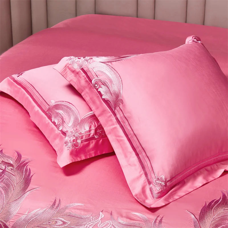 Pink Luxury Chinese Style Wedding Bedding Set Satin Jacquard Egyptian Cotton Peony Embroidery Duvet Cover Bed Sheet Pillowcases