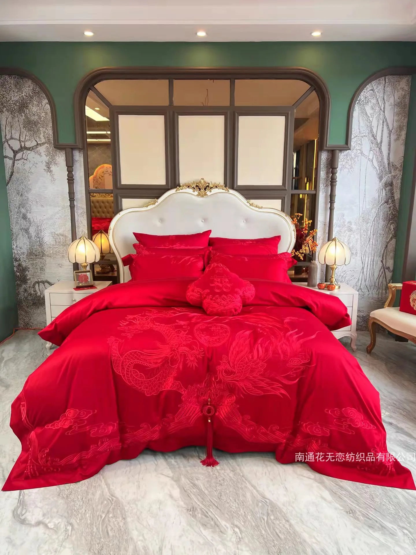 160 Thread Count Long Staple Cotton Embroidered Wedding Four Piece Set of Joyful Red Wedding Bedding Products