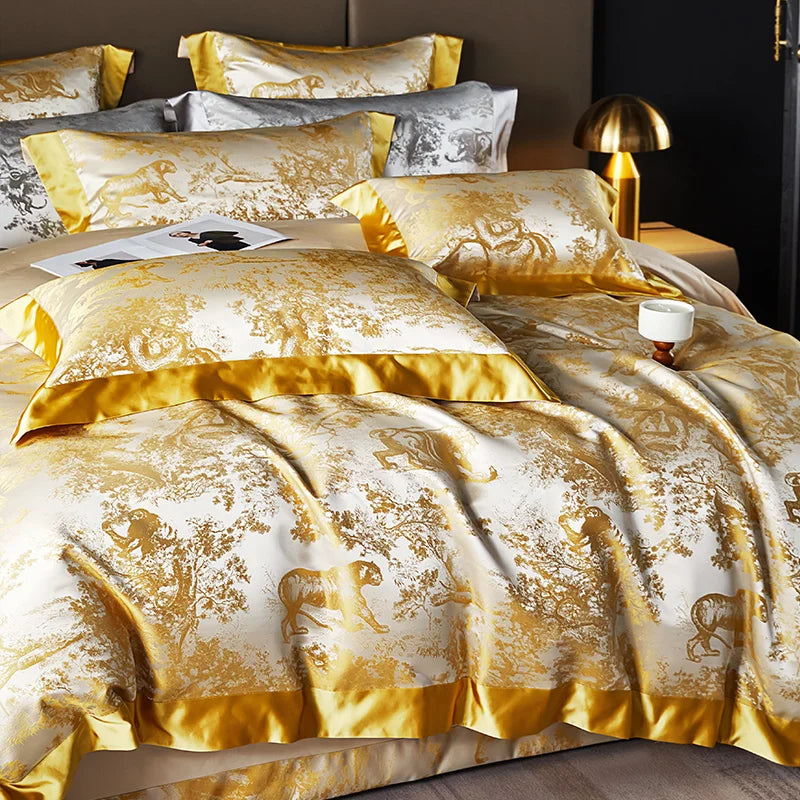 Luxury Golden Brocade Jacquard Cotton Bedding Set Duvet Cover Linen Fitted Sheet Pillowcases Home Textile
