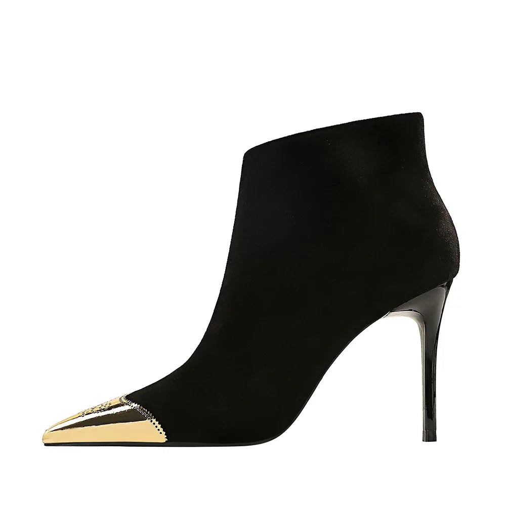 Women Ankle Length Flock Boots Winter Pointed Toe Thin Heels High Heel Shoes Ladies Side Zippper Ankle Boots 173-1