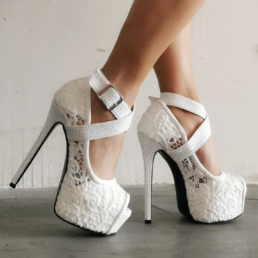 Women Plus Size 46 47 Pumps High Heels Platform Lace Mesh Shoes Wedding Peep Toe stilettos Dress White Sandals Ladies