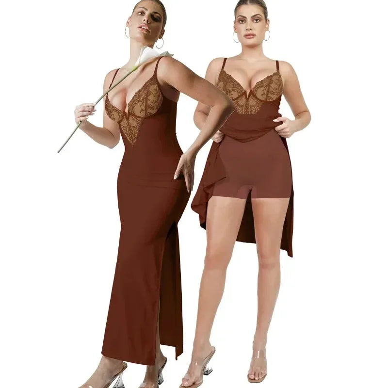 Bodycon Dress Deep V Neck Lace Satin Drape Strapless Slit Bodycon Cocktail Maxi Dress for Women