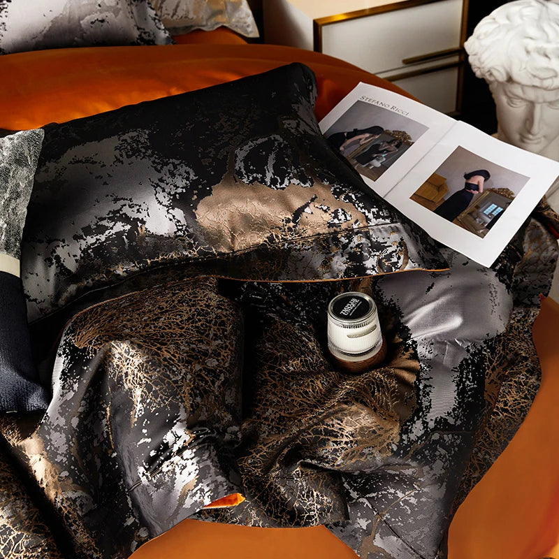 Luxury Silver Gray gold Satin Jacquard Bedding Set 1000TC Egyptian Cotton Queen King Size Duvet Cover Set Bed Sheet Pillowcases