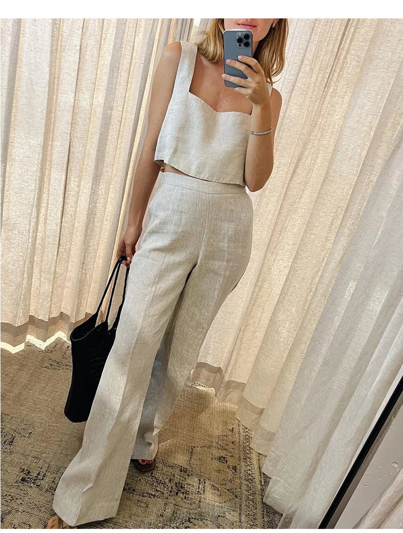 100% Linen White Crop Top 2024 Summer Vintage Square Collar Sleeveless Streetwear Green Top Fashion Clothing