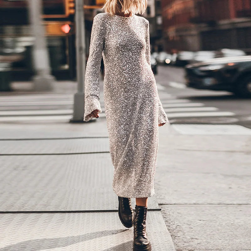 Long Sleeve Spring Autumn Simple Maxi Dress, Women Holiday O Neck Casual Fashion Party Dress, New Sequins Patchwork Ladies Dress