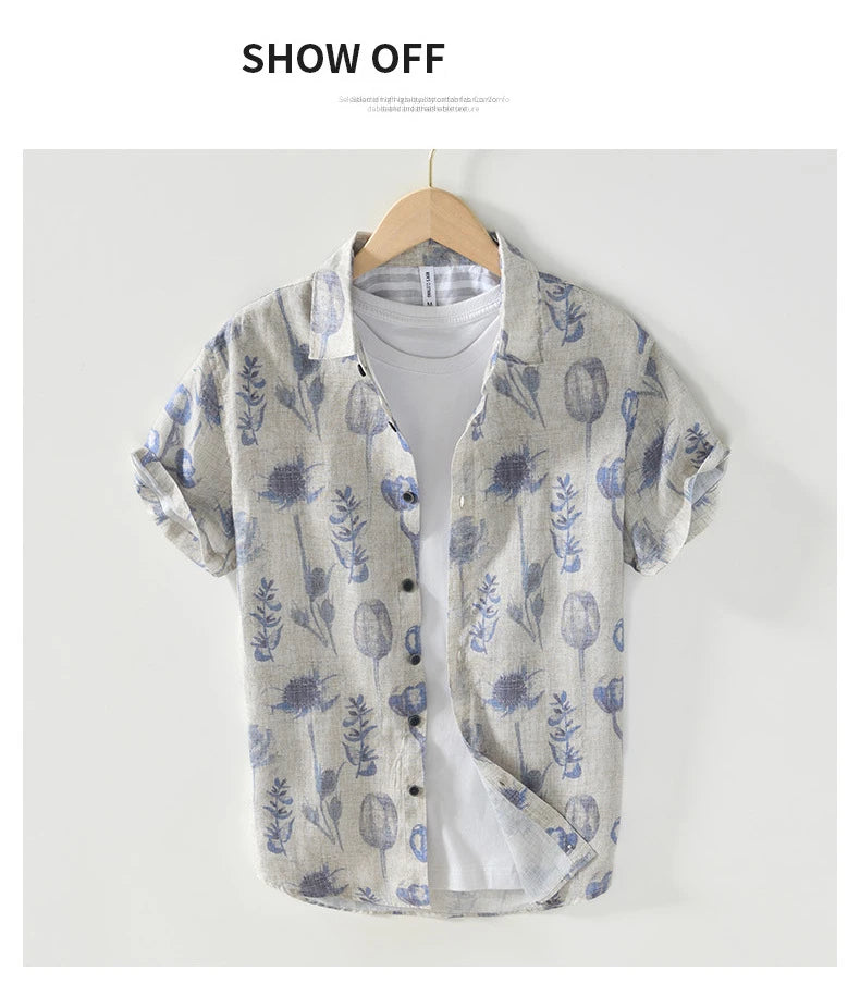 Summer New Printed 100% Linen Short Sleeve Shirts for Men Slim Thin Streetwear Men Clothing BL996