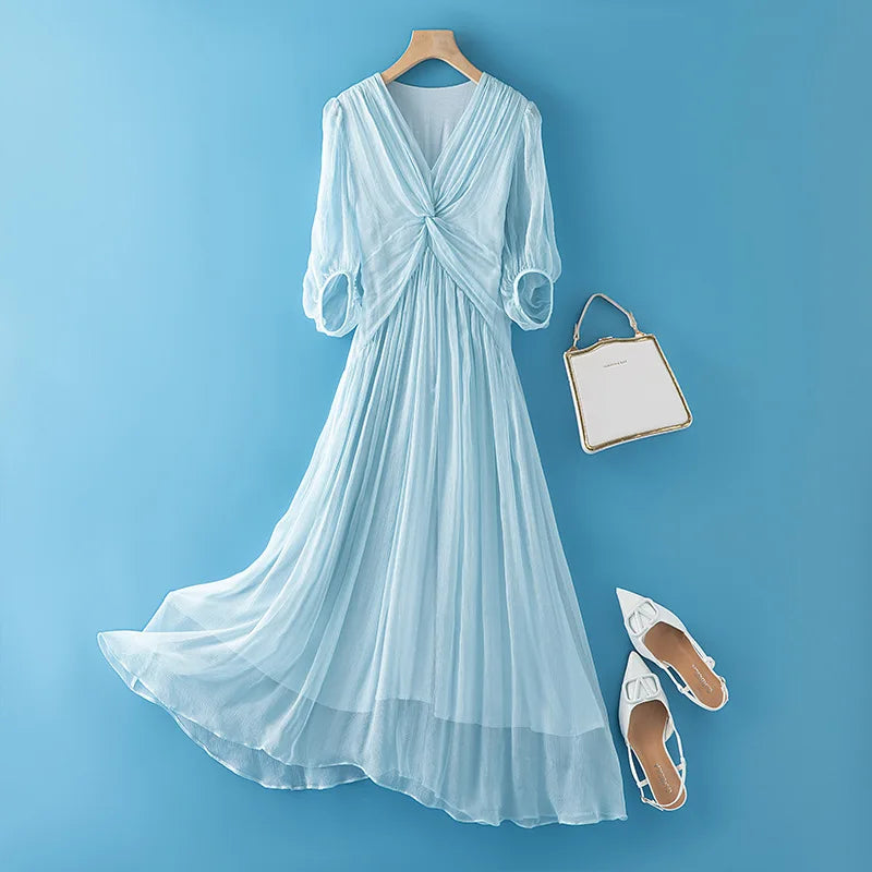 Tcyeek 100% Mulberry Silk Dress Women Clothes Fashion Summer Dresses 2024 Elegant and Pretty Women's Dresses Waist Vestido Mujer