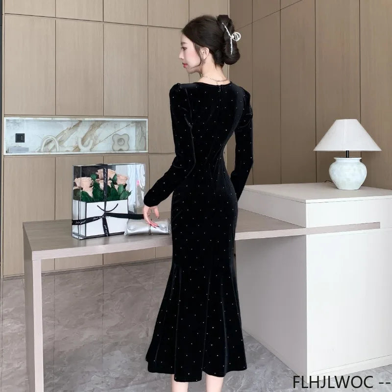 New Year Retro Vintage French Design Dresses Women Elegant Annual Meeting Hollow Out Black Bling Bead Party Long Fishtail Dress