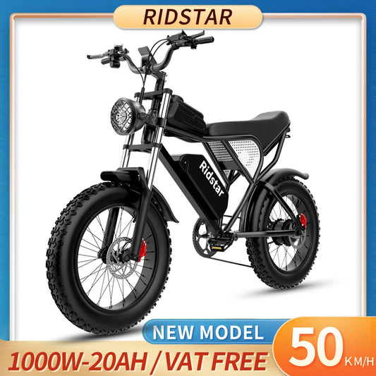 Ridstar Electric Bike Mountain Moped Ebike 20 Inch Fat Tire 1000W 48V 20AH Electric Bicycle For Adults E-Bikes With Bicycle Bag