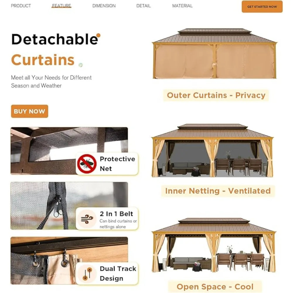 14 'x 22' wooden hardtop pavilion, galvanized steel double-layer roof, aluminum frame, with mesh and curtains