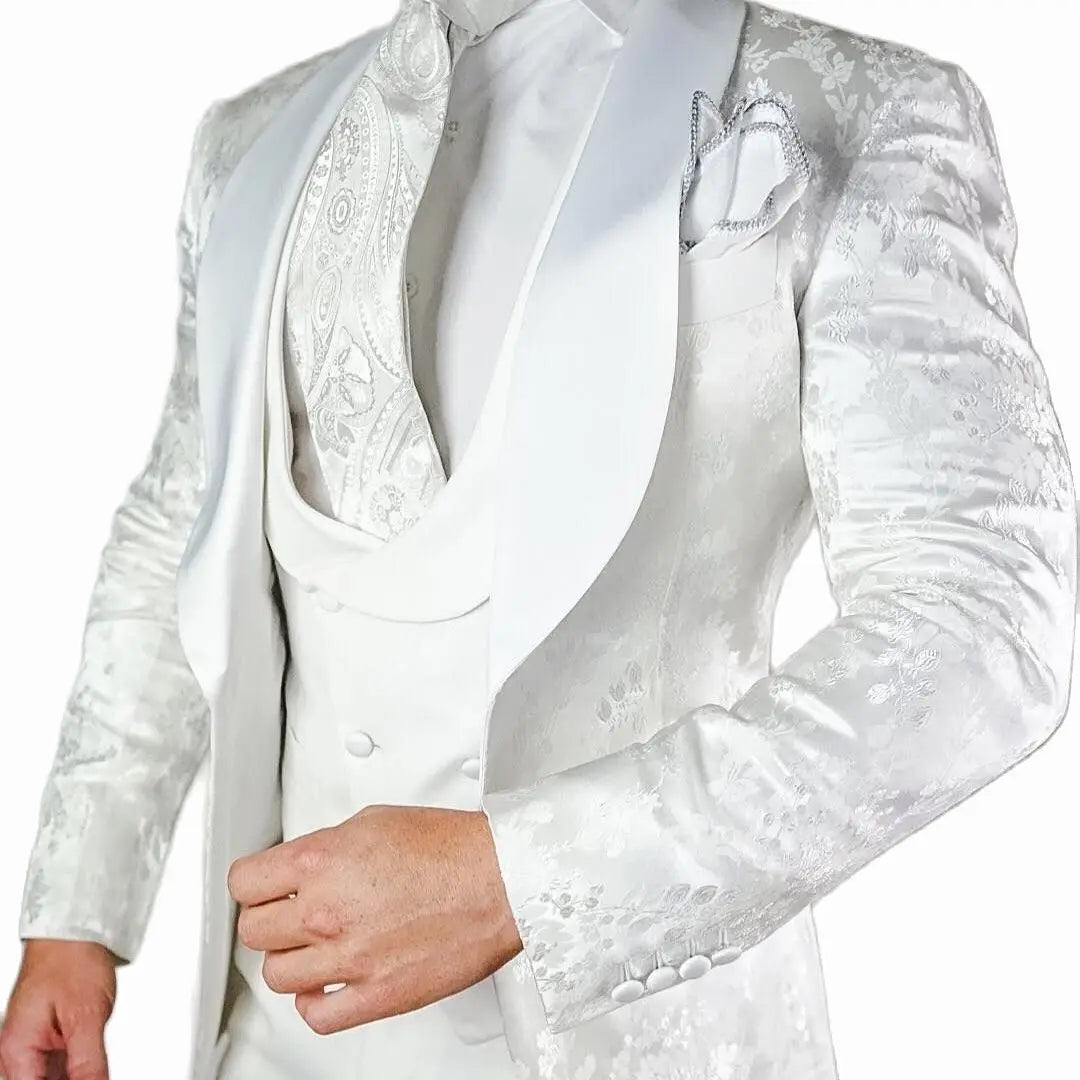3 Piece White Floral Men Suits for Wedding 2024 Groom Tuxedo Slim Fit Suit Satin Shawl Lapel Custom Male Fashion Costume Homme