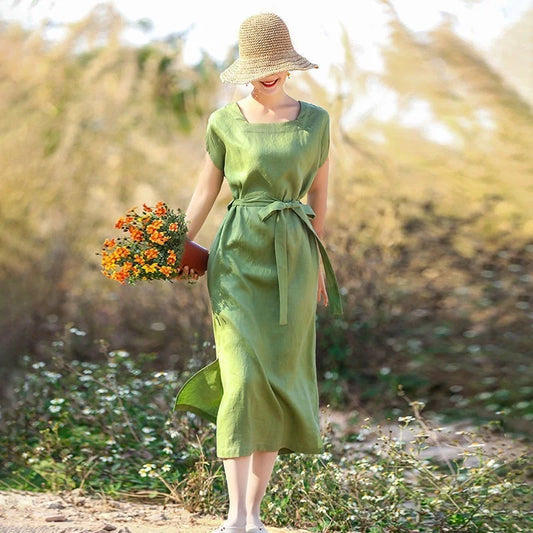 100% Linen Summer Dress Woman Short Sleeve Green Midi Dresses Women's Summer Sundress Solid A-Line Square Neck Streetwear Female