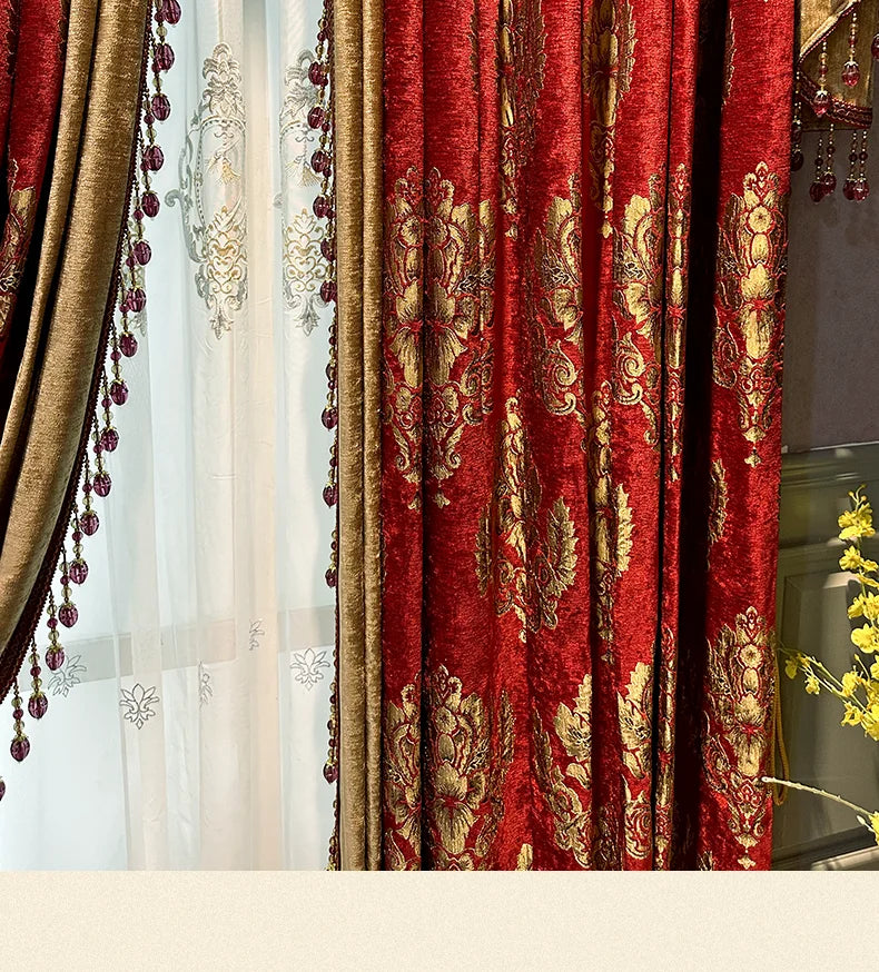 Red Gilded Jacquard Thickened Chenille Patched Curtains for Living Room Bedroom French Window Villa Customization Valance